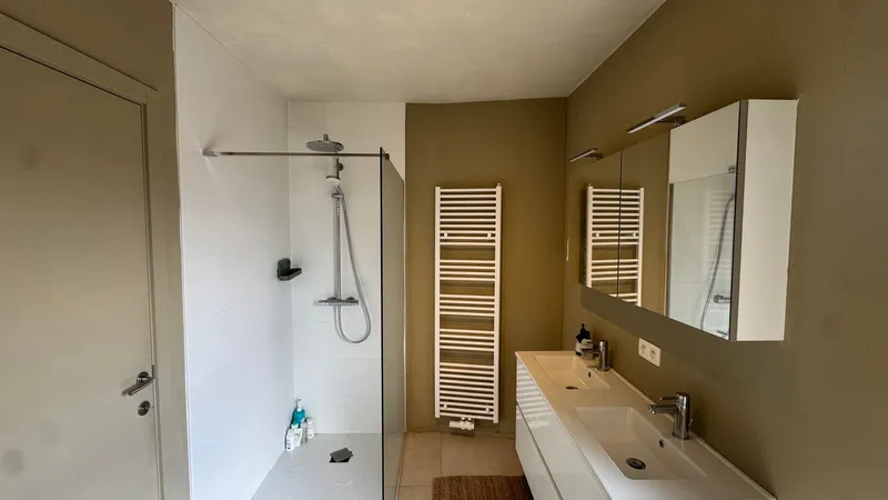 Modern full bathroom with walk-in rain shower, double vanity and heated towel rail