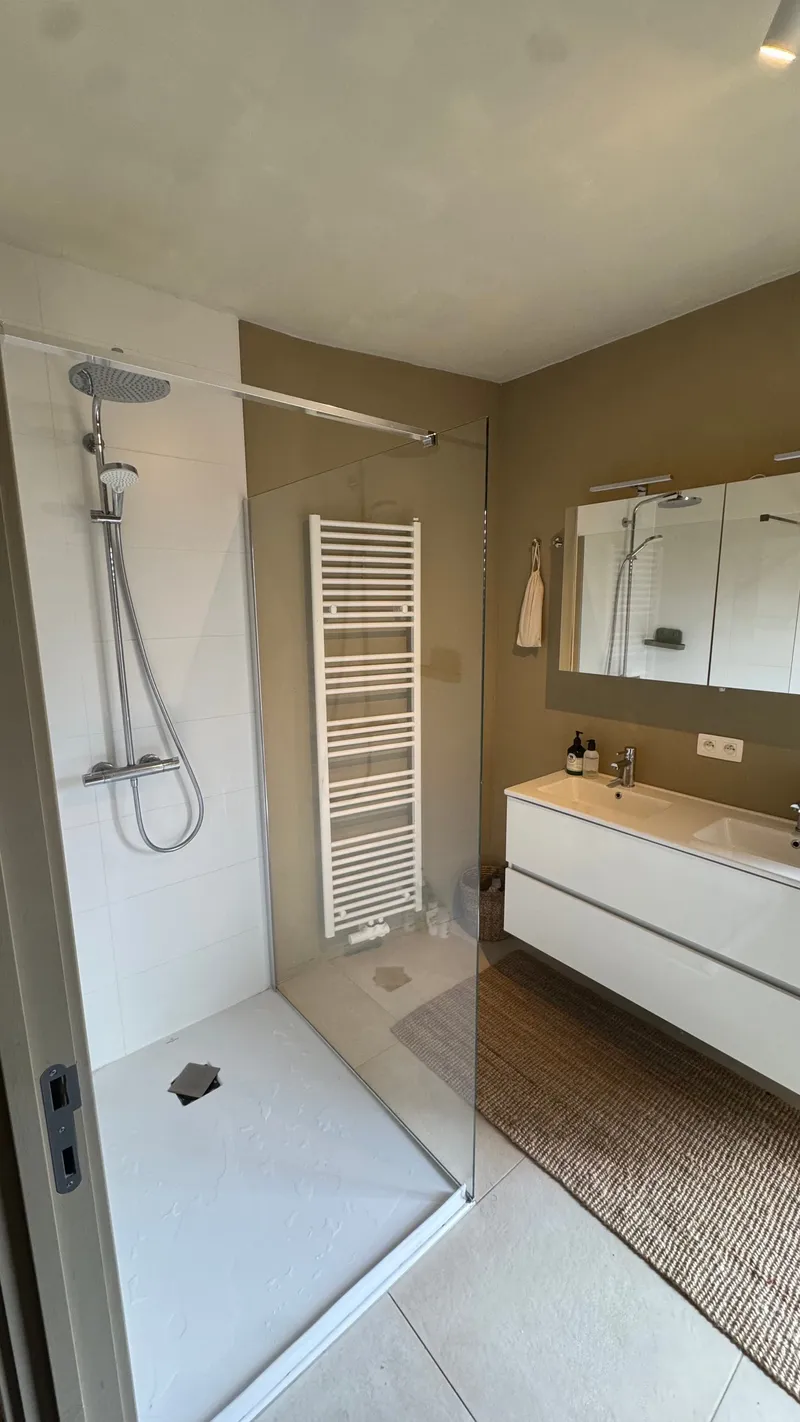 Walk-in glass rain shower and double vanity in a bright tiled Ghent apartment bathroom