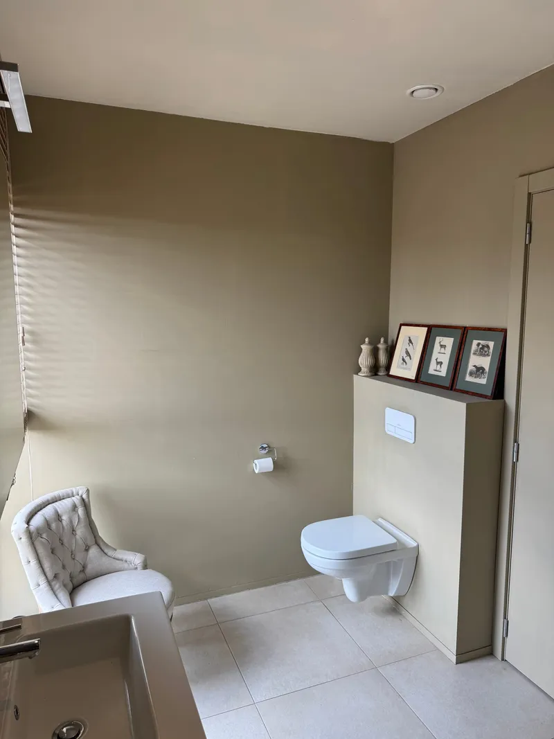 Bathroom with a wall-hung toilet, vanity and framed prints in a Ghent furnished apartment